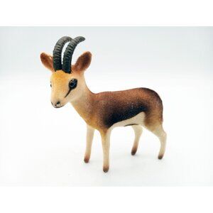 Flocked Gazelle Figurine With Black Horns & Brown White Body Vintage 3.5" Long